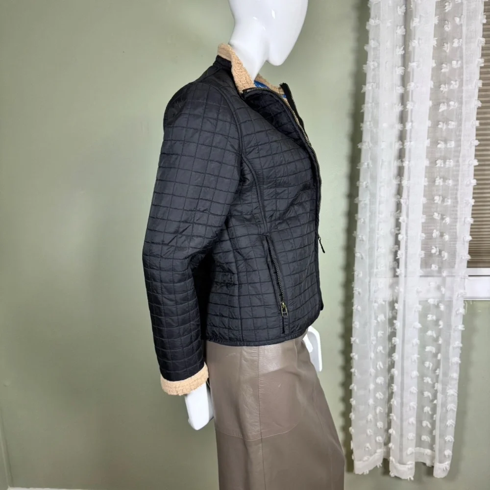 Black Quilted Jacket w Faux Sherpa Lining - Double Zip -‎ Medium